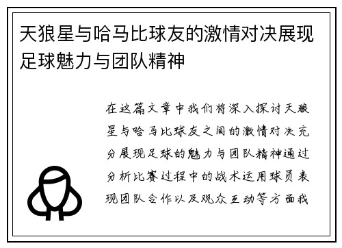 天狼星与哈马比球友的激情对决展现足球魅力与团队精神